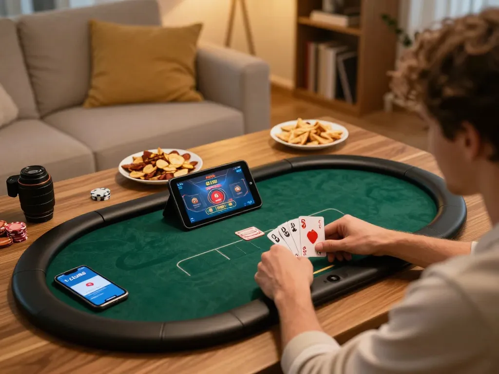 UU88 player celebrating a winning poker hand on tablet in cozy home setting.