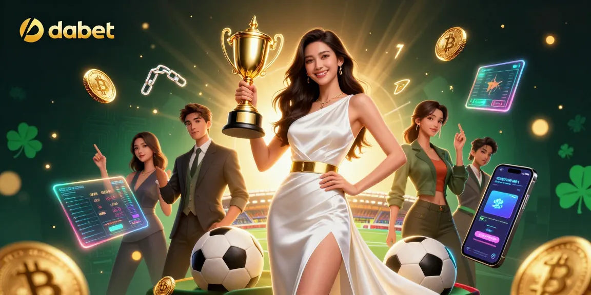 dabet offers exciting gaming prospects with a triumphant Asian woman holding a trophy in a stylized casino scene.
