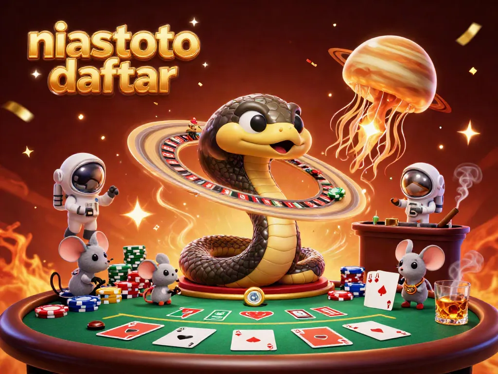 Gambarkan momen taruhan seru di niastoto daftar yang dipenuhi karakter lucu dan elemen kasino.