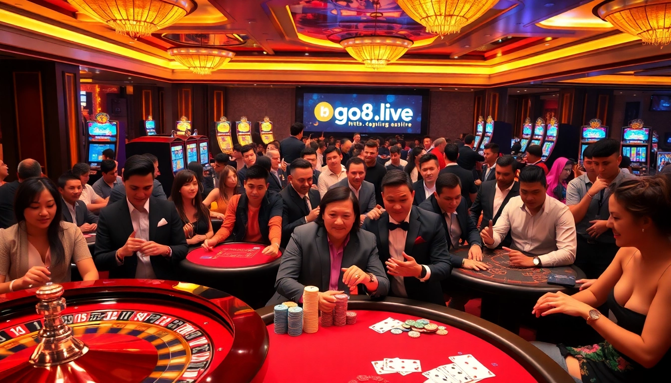 Experience the thrill of gambling at https://go8.live/ with an exciting casino scene featuring vibrant tables and games.