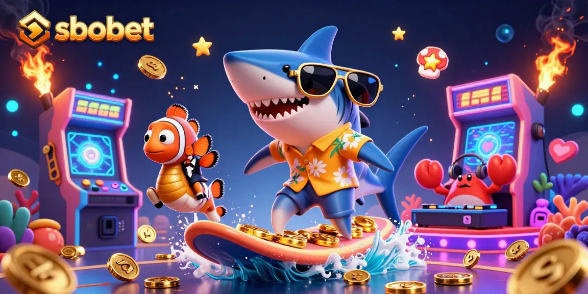 Bet on sbobet while enjoying a vibrant 3D illustration of fun underwater characters amidst casino elements.