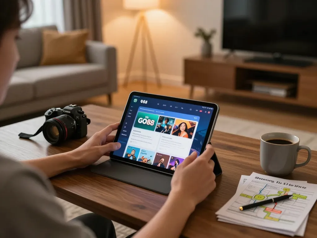 Engaging home setup showing a user playing TẢI GO88 on a tablet, illustrating a cozy gambling experience