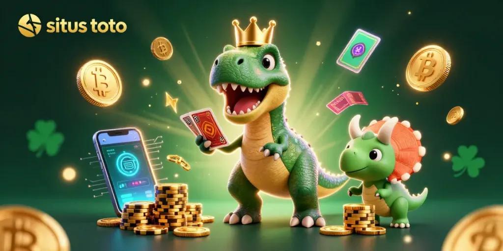 Situs toto menampilkan T-Rex mengocok kartu sambil dibantu pterodactyl, dikelilingi koin crypto di kasino 3D.