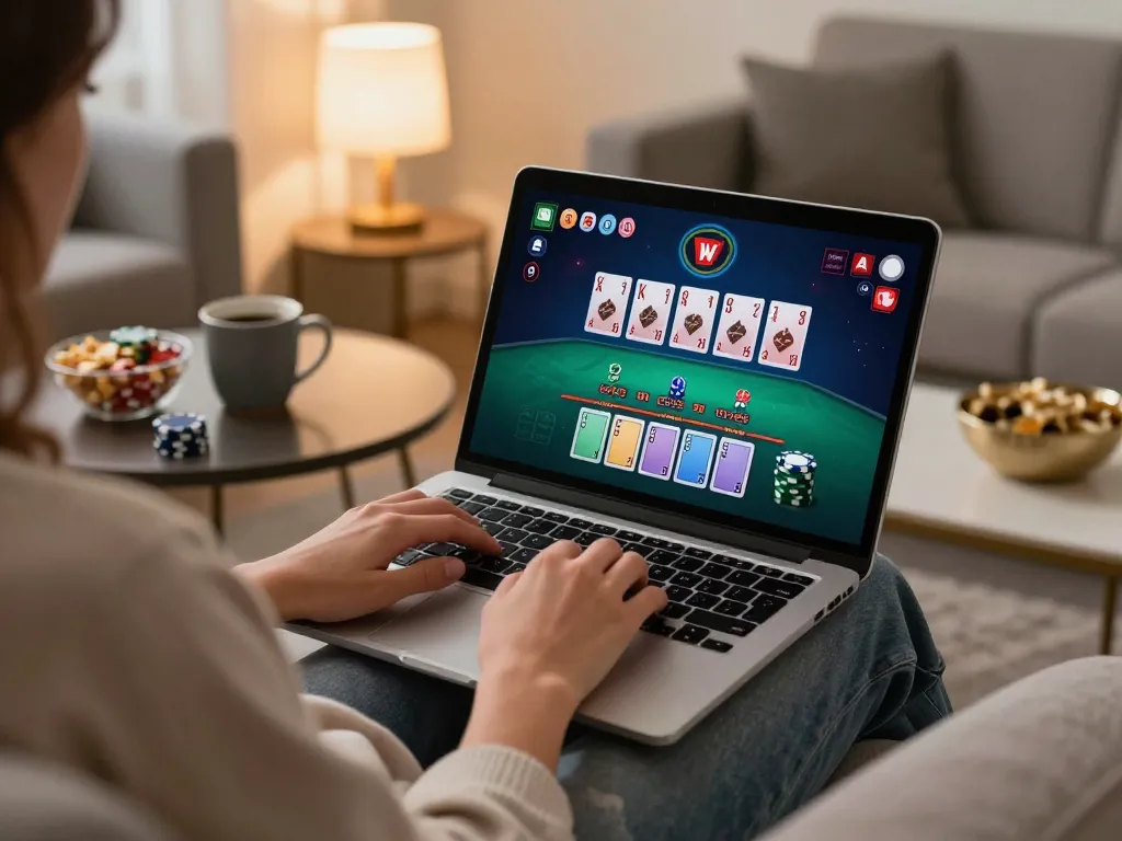 Engaging in blackjack gameplay on a laptop at home, exploring alo88 eu com for strategic gaming.