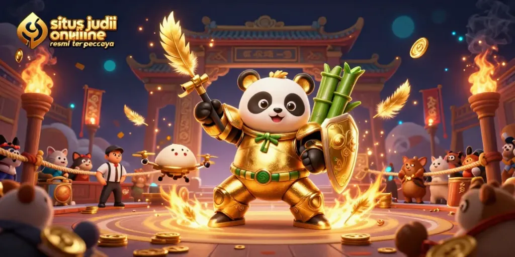 Experience the energy of situs judi online resmi terpercaya in this lively 3D casino scene featuring vibrant characters and game elements.