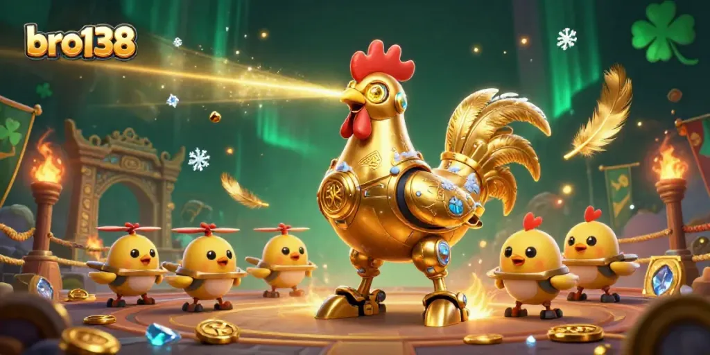 Experience bro138 with a vibrant 3D illustration of a golden rooster robot amidst casino action and excitement.