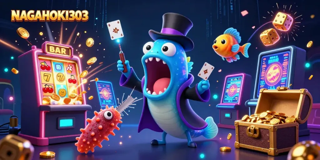 NAGAHOKI303 showcases a magical scene with unique sea creatures involved in casino-themed tricks and games.