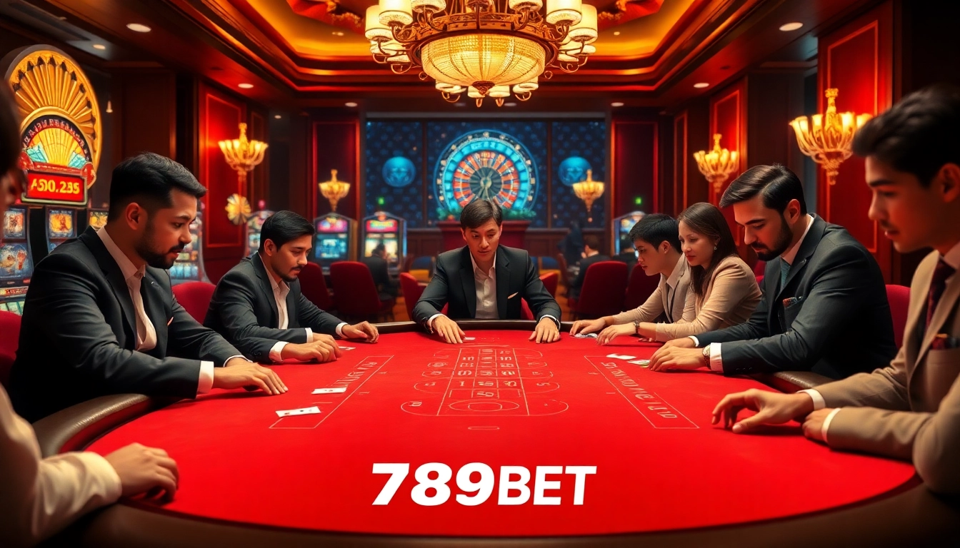 Players enjoy a thrilling poker game at 789BET casino, highlighting excitement and luxury.