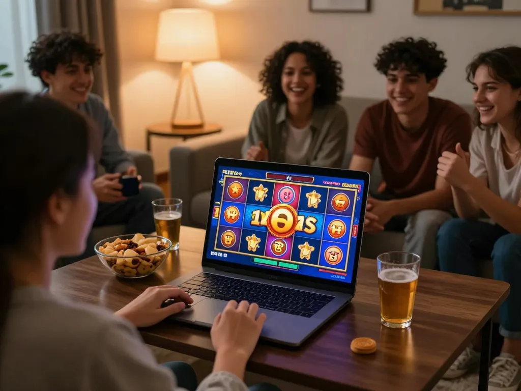 Friends enjoying ZEUS222 online slot game in a cozy living room, celebrating wins with excitement.