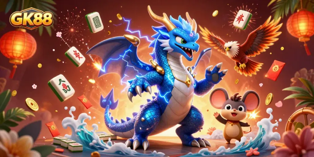 Experience thrilling wins at GK88 with a dynamic digital casino scene featuring vibrant characters and gaming elements.