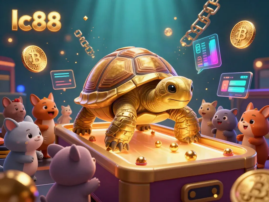 Join the fun at lc88 as excited players engage with a golden tortoise pinball machine, surrounded by vibrant digital currency elements.