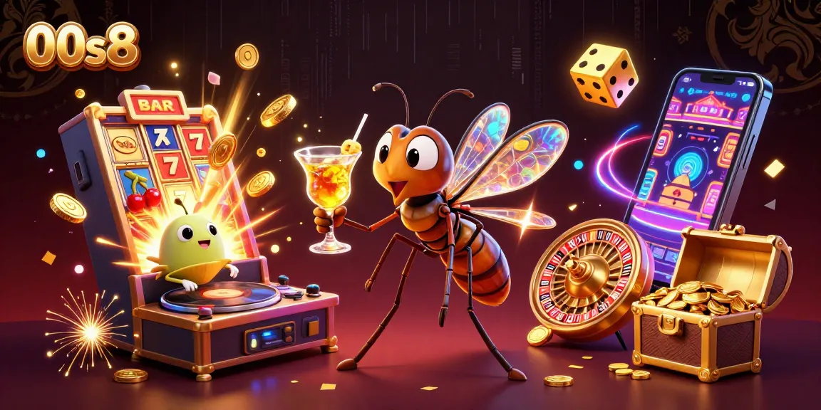 Exciting scene featuring 00s8 casino elements with a 3D mosquito mascot, fossil DJ, and jackpot explosion.