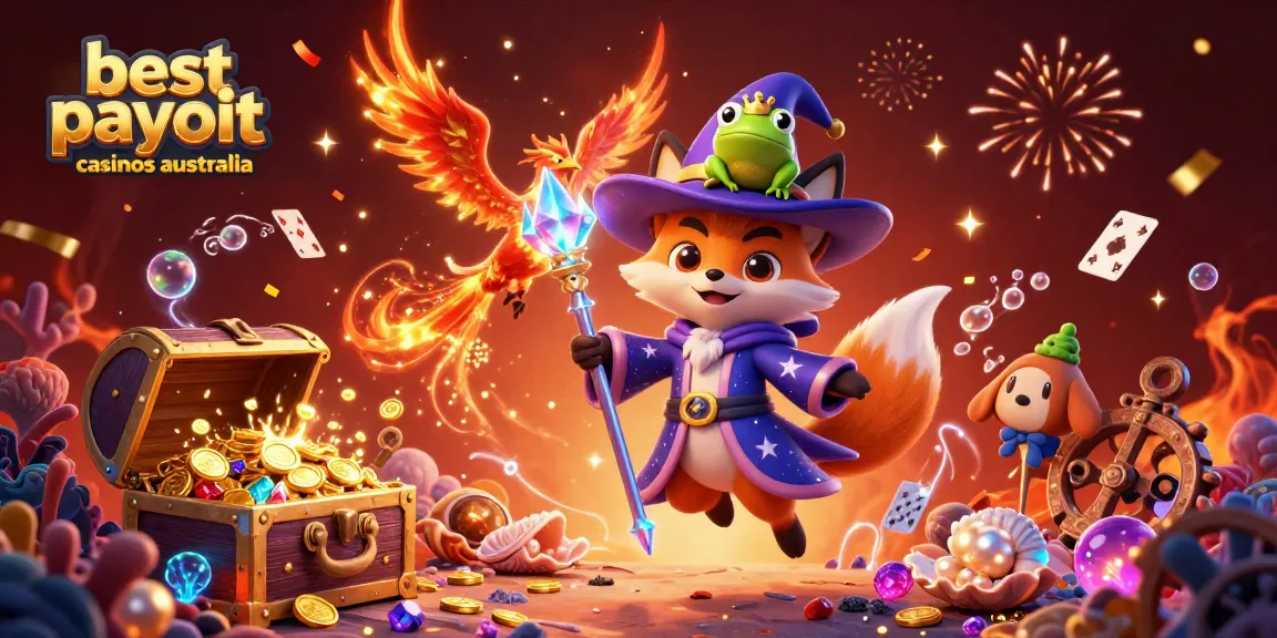 Explore the best payout casinos Australia with a vibrant 3D illustration of a wizard and phoenix.