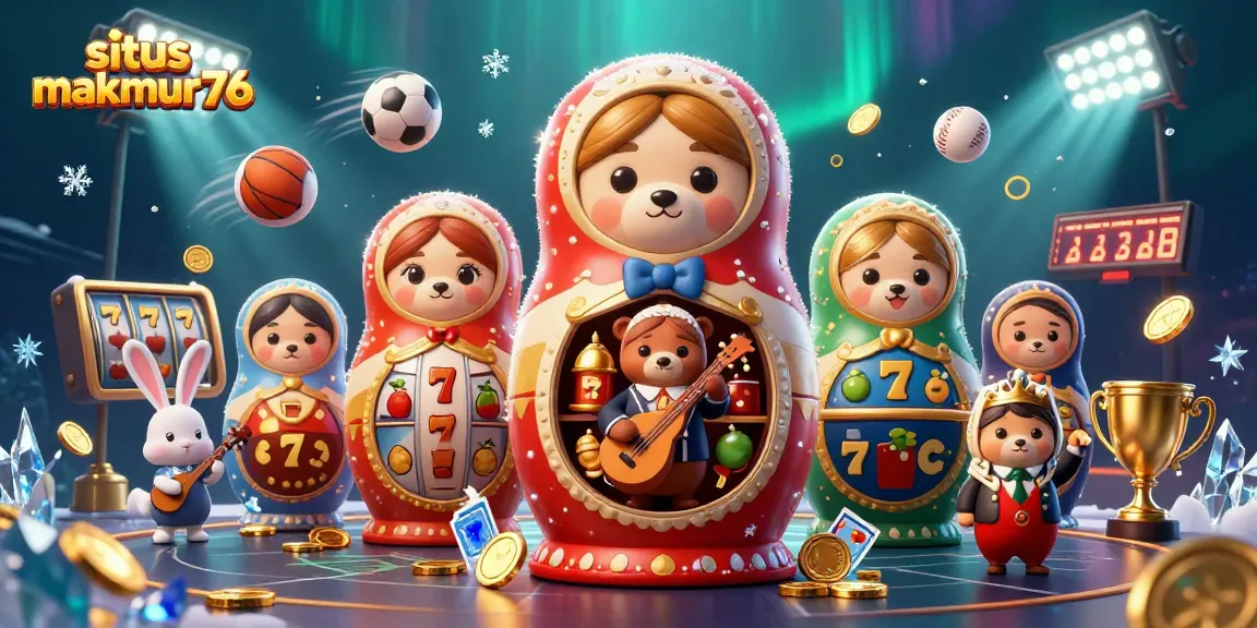 Situs makmur76 showcases 3D casino excitement with cartoon characters, slot reels, and vibrant casino action.