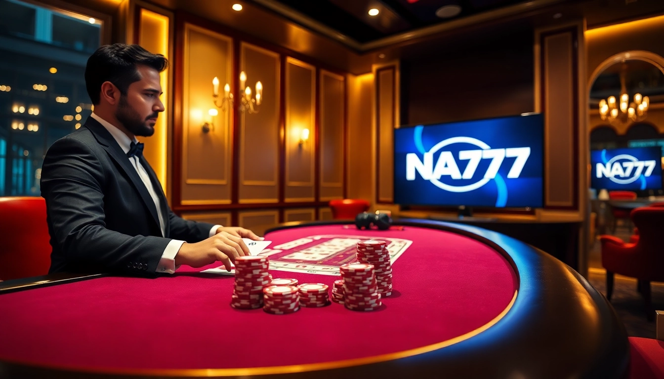 Experience thrilling casino excitement at NA777 with a professional blackjack dealer and vibrant gaming atmosphere.