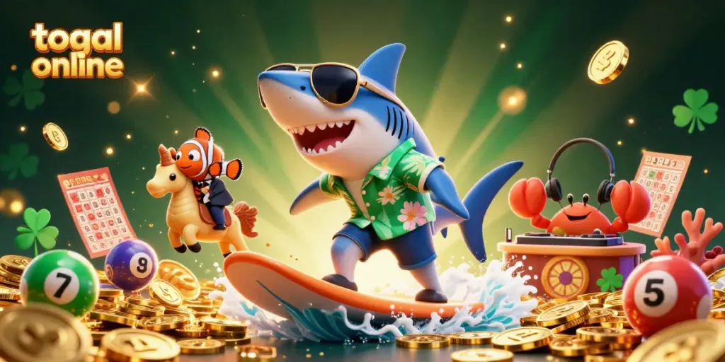 Join the fun of togel online with a lively 3D illustration of a shark and friends!
