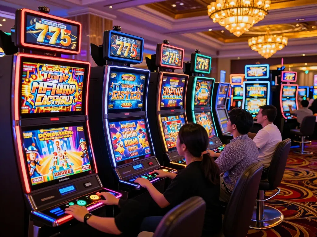 Players enjoying captivating slot777 games on colorful machines in a vibrant casino atmosphere
