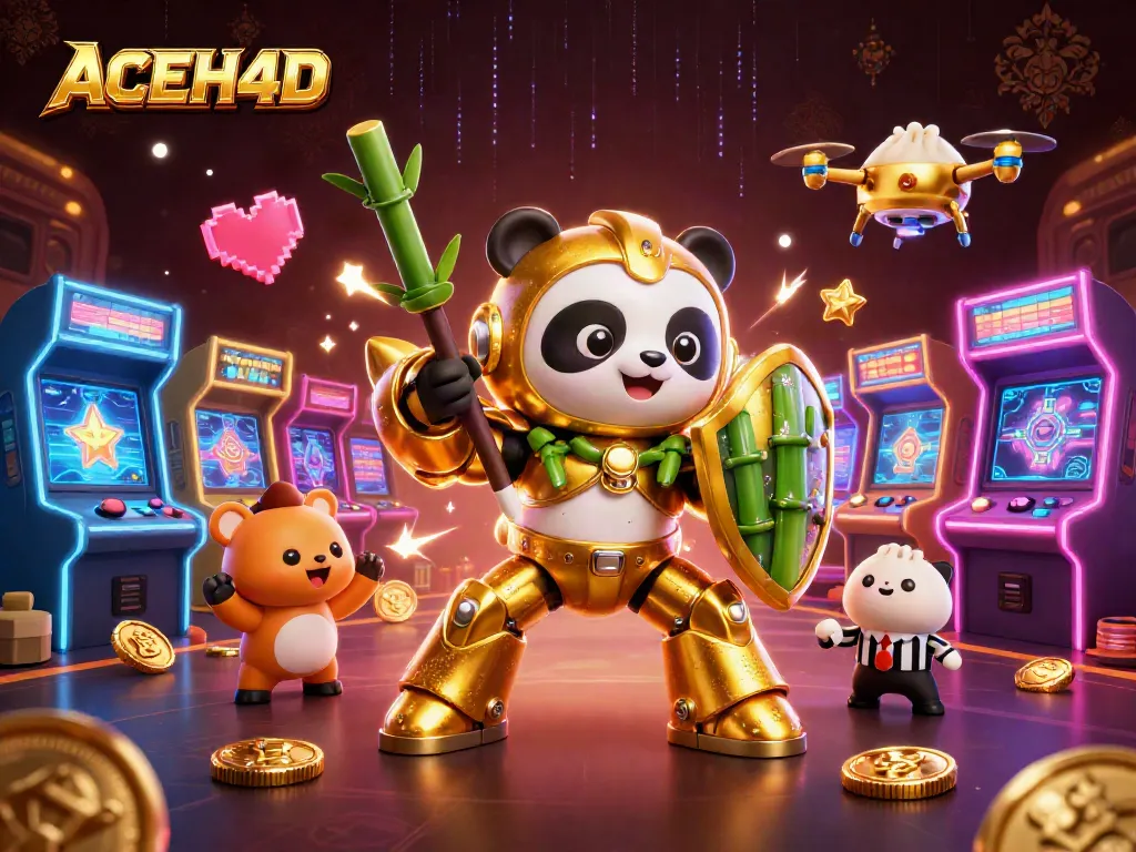 Experience ACEH4D at the vibrant casino arena with thrilling gaming elements and characters.