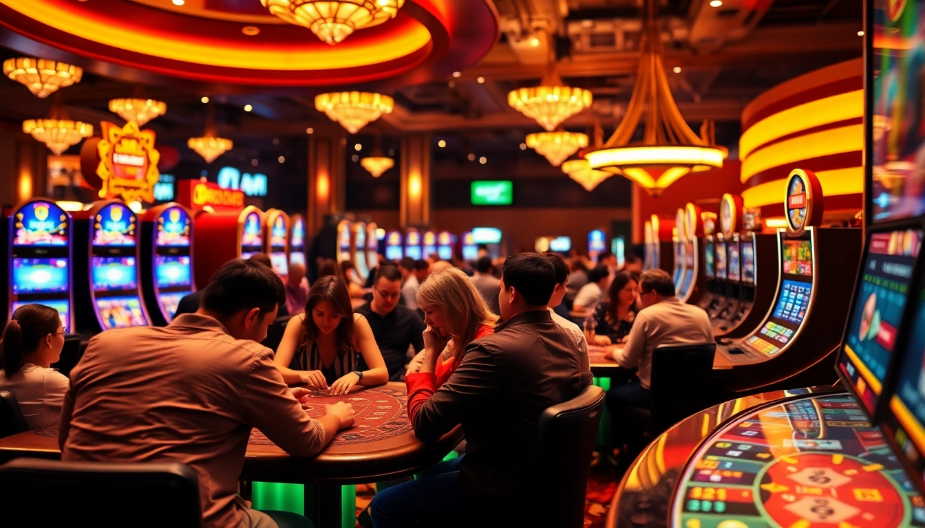 Permainan situs toto yang mensimulasikan pengalaman kasino dengan suasana ramai dan cahayanya berkilau.