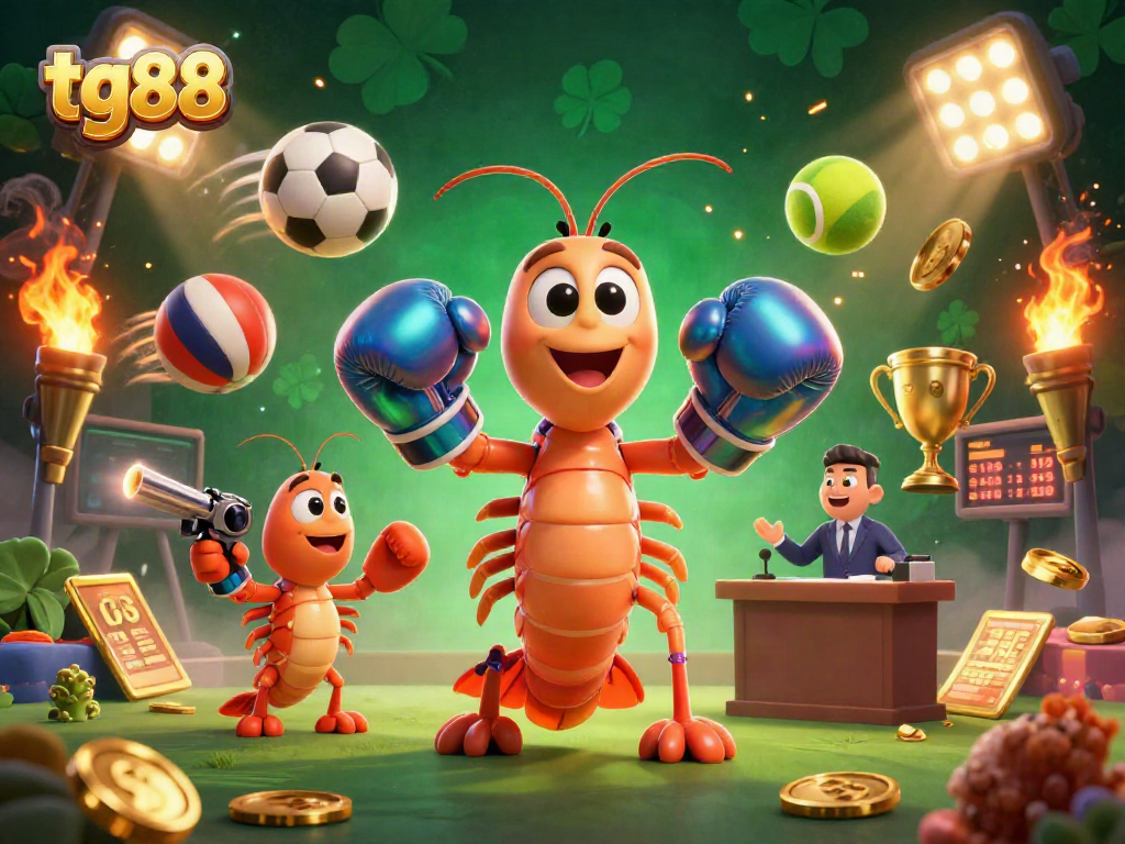 Tg88 engages players in a sporting showdown with vibrant shrimp characters and dynamic casino elements.