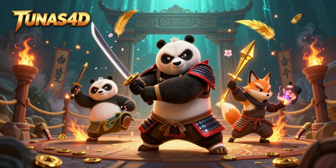 TUNAS4D features an action-packed samurai panda and ninja fox in a dynamic casino-themed illustration, showcasing a vibrant atmosphere.