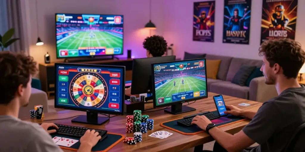 Pengalaman aman bermain afktoto di ruang tamu modern dengan pemain terlibat dalam permainan online.