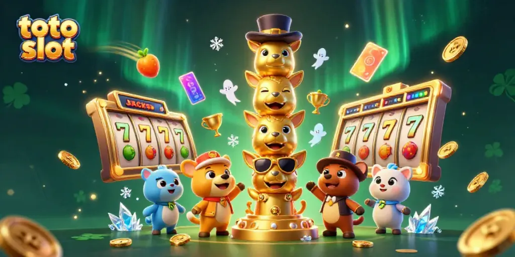 Permainan toto slot yang menarik dengan simbol buah dan jackpot di sekitar totem emas.