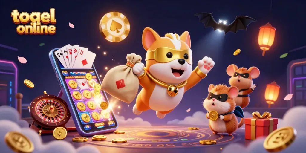 Menangkan togel online dengan karakter pahlawan anjing berkapu dan hamster bersama slot game dan simbol keberuntungan.