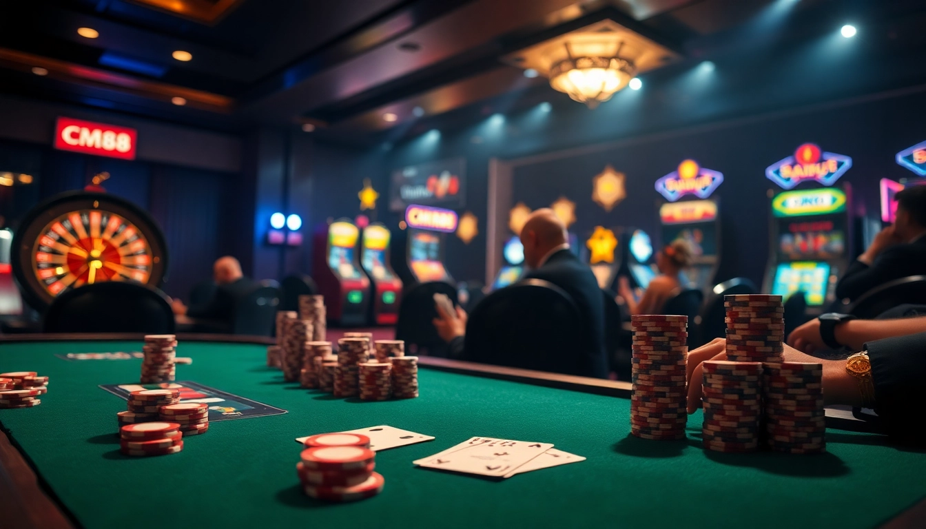 Experience the thrill of CM88 at a luxury casino poker table filled with vibrant chips and cards.