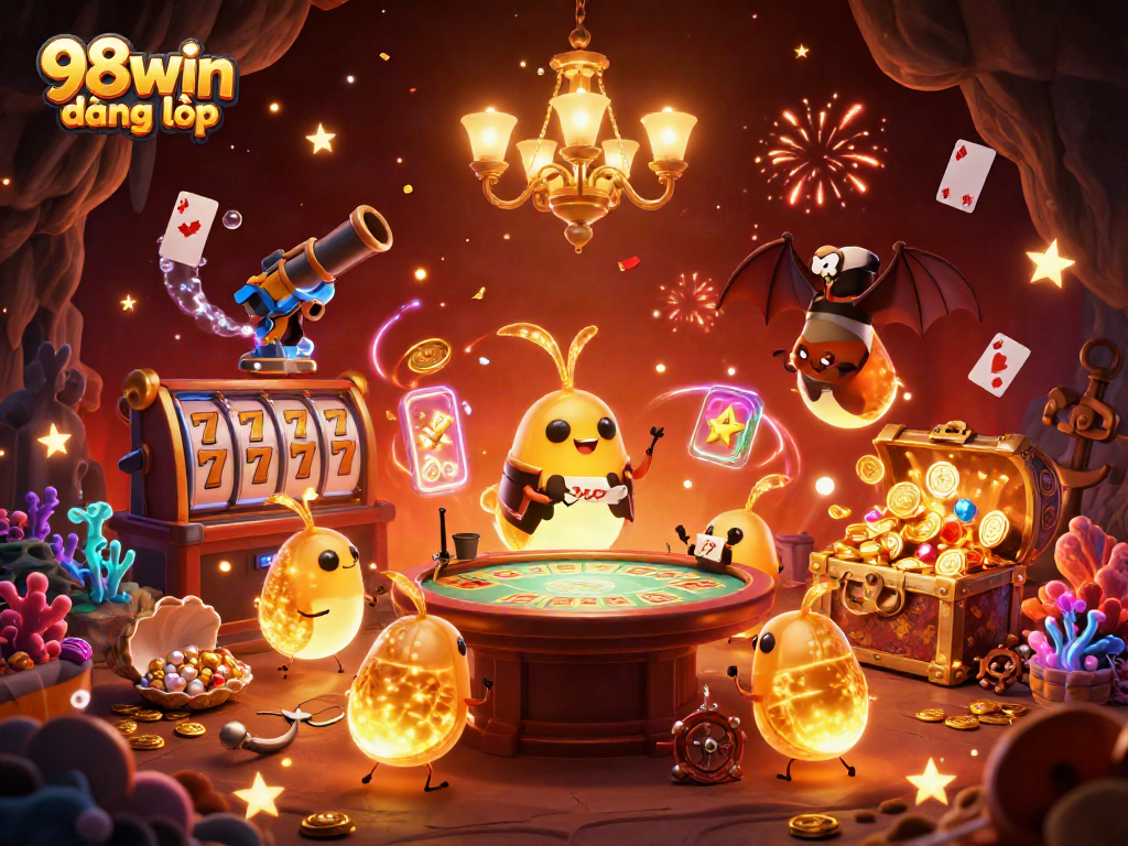 Experience 98win đăng nhập with a vibrant cave casino scene lit by glowworms and interactive games.