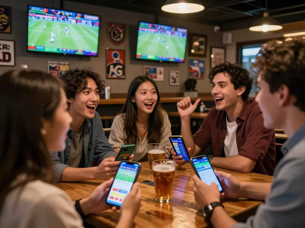 Friends enjoying a lively sports betting night, displaying tr88 link on betting app, social camaraderie highlighted