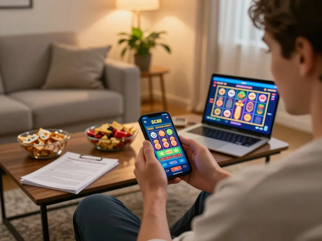 Player enjoying SC88 mobile casino app on smartphone with strategic notes and snacks.