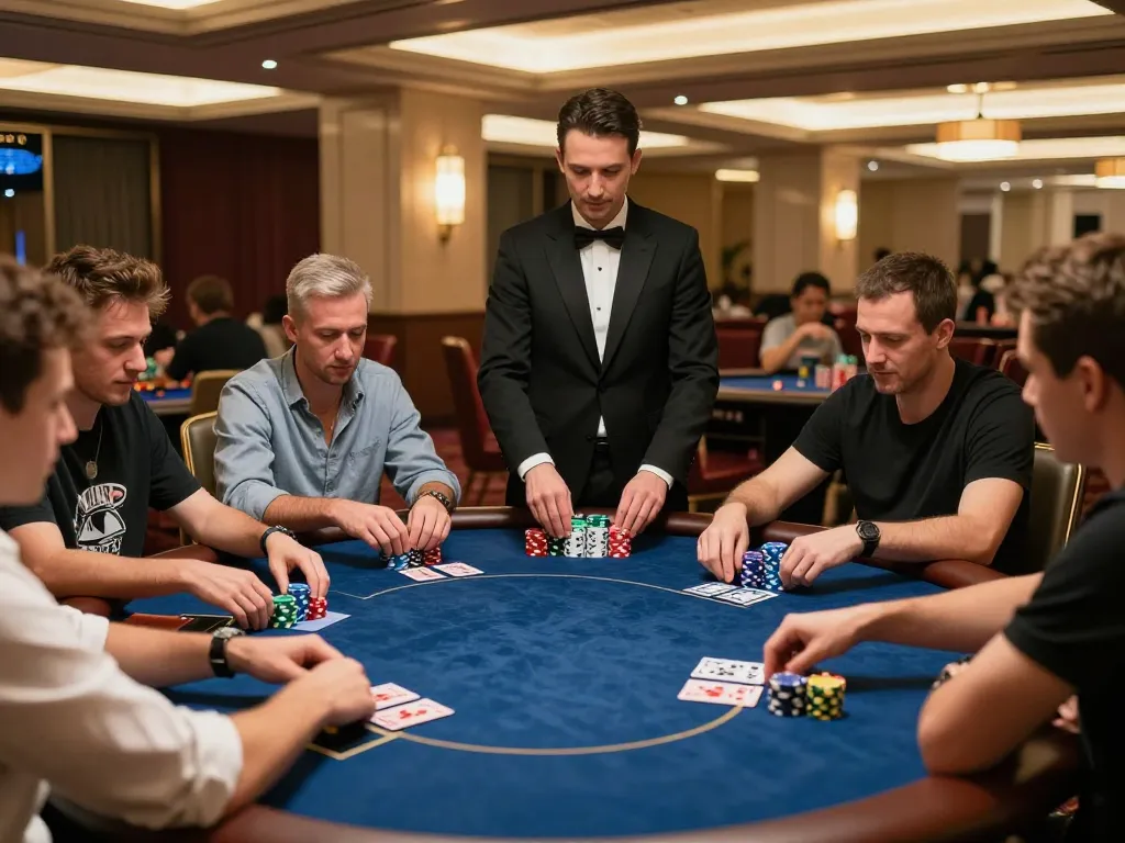 Players at 88CLUB's poker table engage in strategic gameplay with colorful chips and community cards.