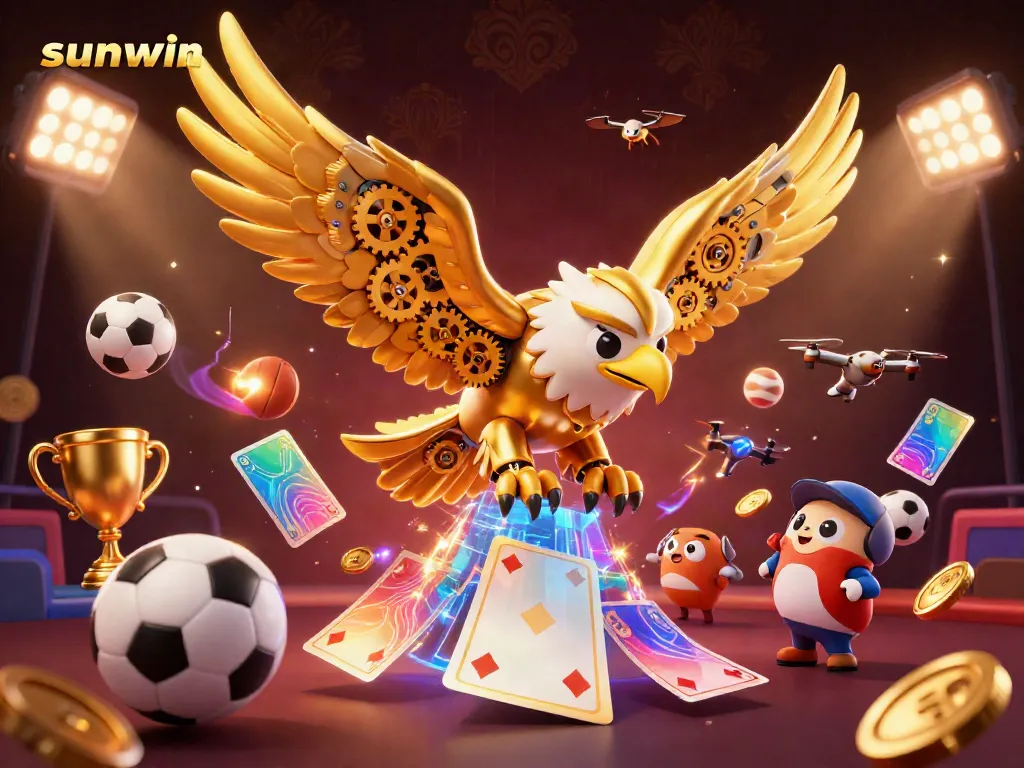 Engage in thrilling gameplay with sunwin, featuring a cybernetic eagle amidst dynamic sports elements and holographic cards.