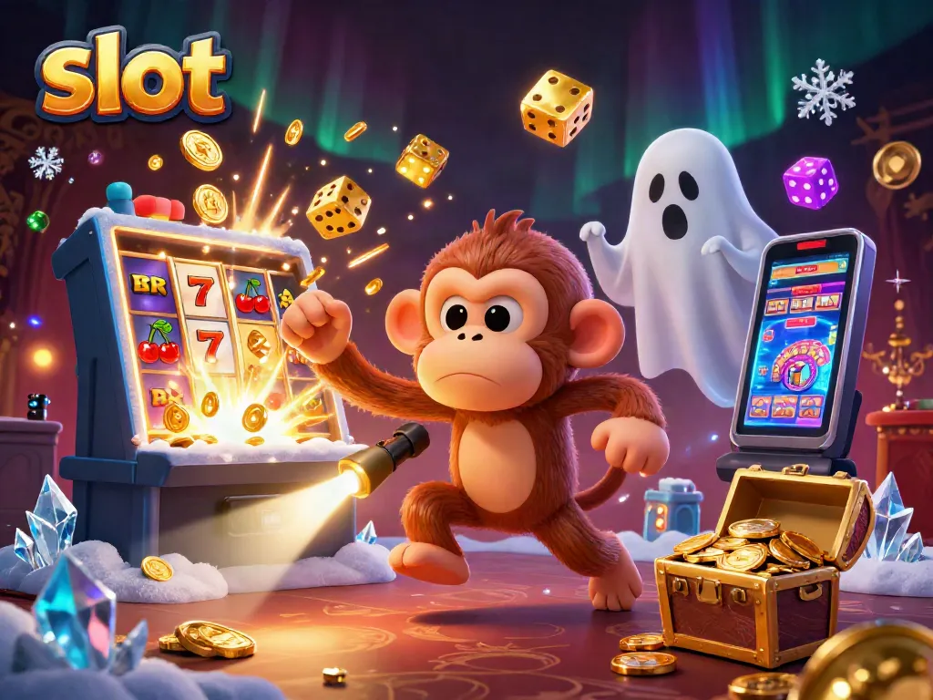 Mesin slot yang megah meledak dengan koin saat poltergeist monyet menari di kasino berhantu.