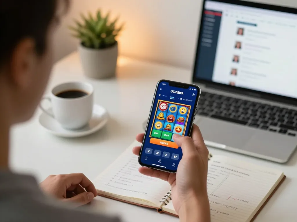 Engaging gameplay on UG DEWA mobile app showcasing slot machines in a cozy home office.