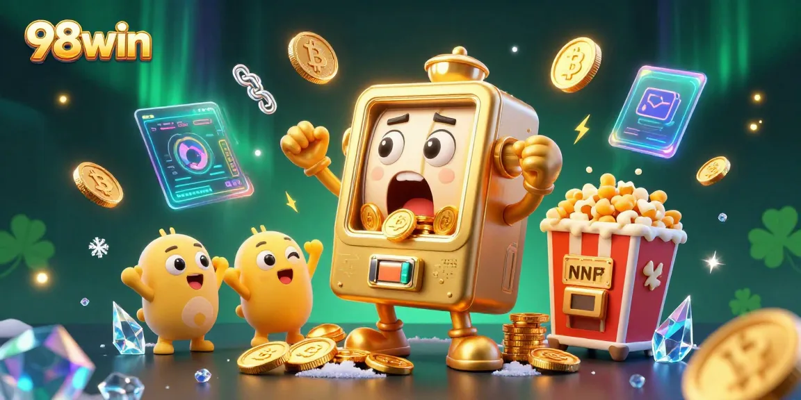 Experience thrilling wins at 98win with a lively scene of a golden slot machine hitting jackpots amidst vibrant casino elements.