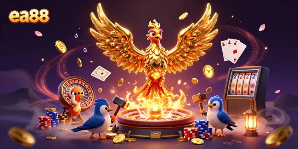 Join the excitement at ea88 with a stunning 3D phoenix and casino elements in action.