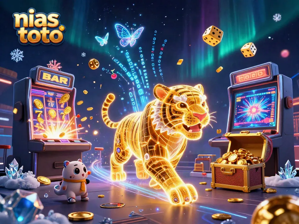 Slot jackpot dan simbol beruntun menyala dalam ilustrasi kasino digital nias toto yang memukau.