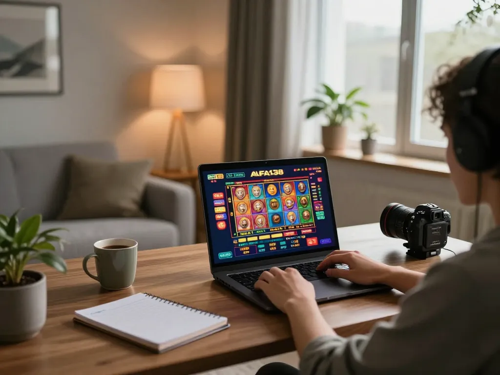 Playing alfa138 slot on a laptop in a cozy home setup, emphasizing strategic gaming.