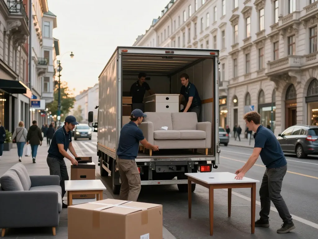 Szenen des Räumung Wien Service mit professionellen Umzugshelfern, die Möbel effizient einpacken.