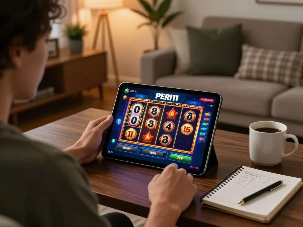 Engaging in PERI11 online gaming with a vibrant tablet interface and cozy home environment.
