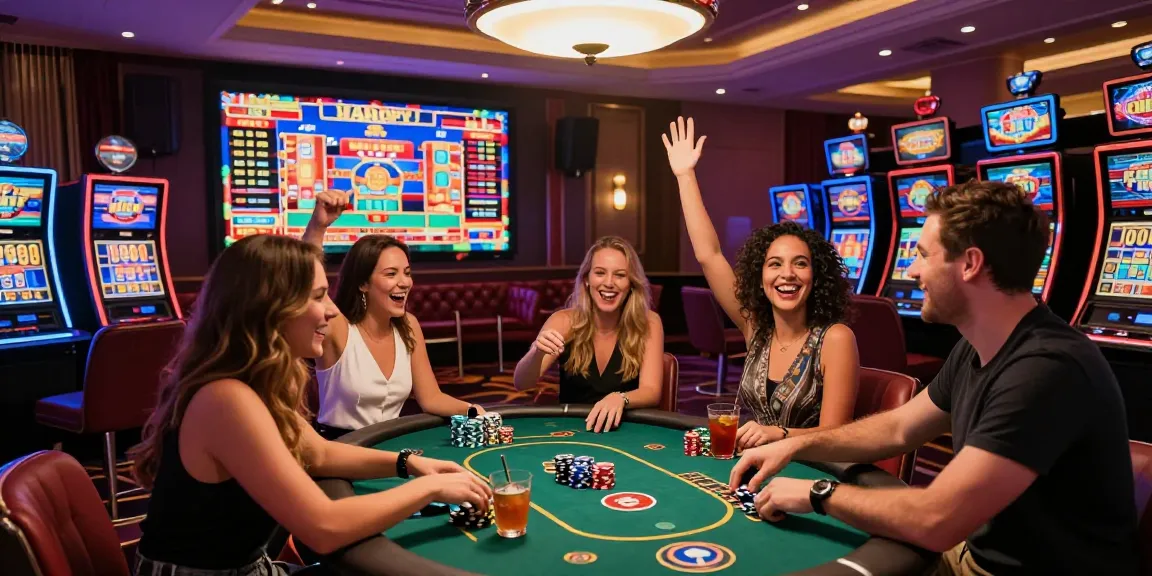 LUXURY777 Link Alternatif, suasana kasino mewah dengan teman merayakan kemenangan di mesin slot