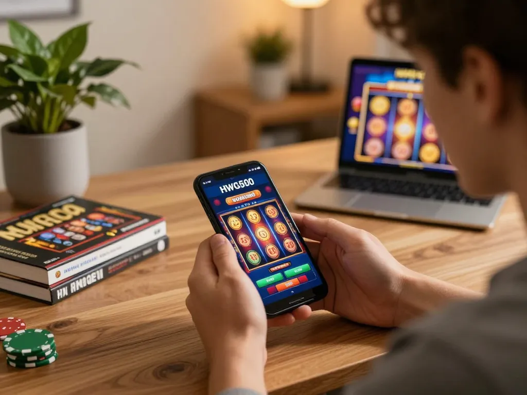 Terlibat dalam perjudian online dengan login hwg500 di smartphone dalam lingkungan rumah yang nyaman