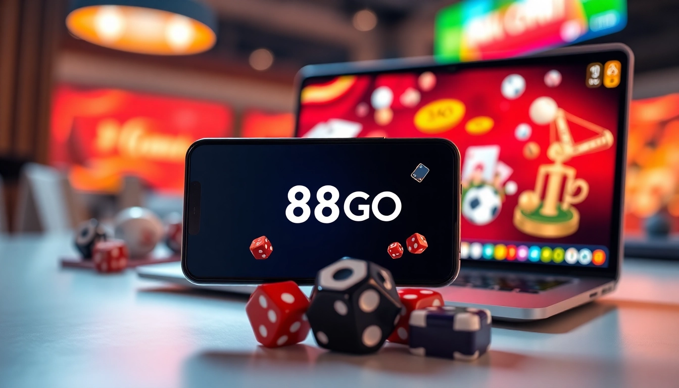 88GO online gambling platform showcasing a modern interface on smartphone and laptop with vibrant gaming elements.