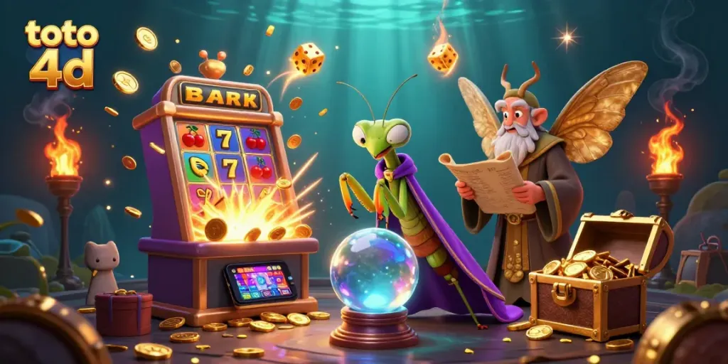 Memenangkan loto 4D dengan ilustrasi kasino magis yang dikemas penuh dengan elemen permainan.