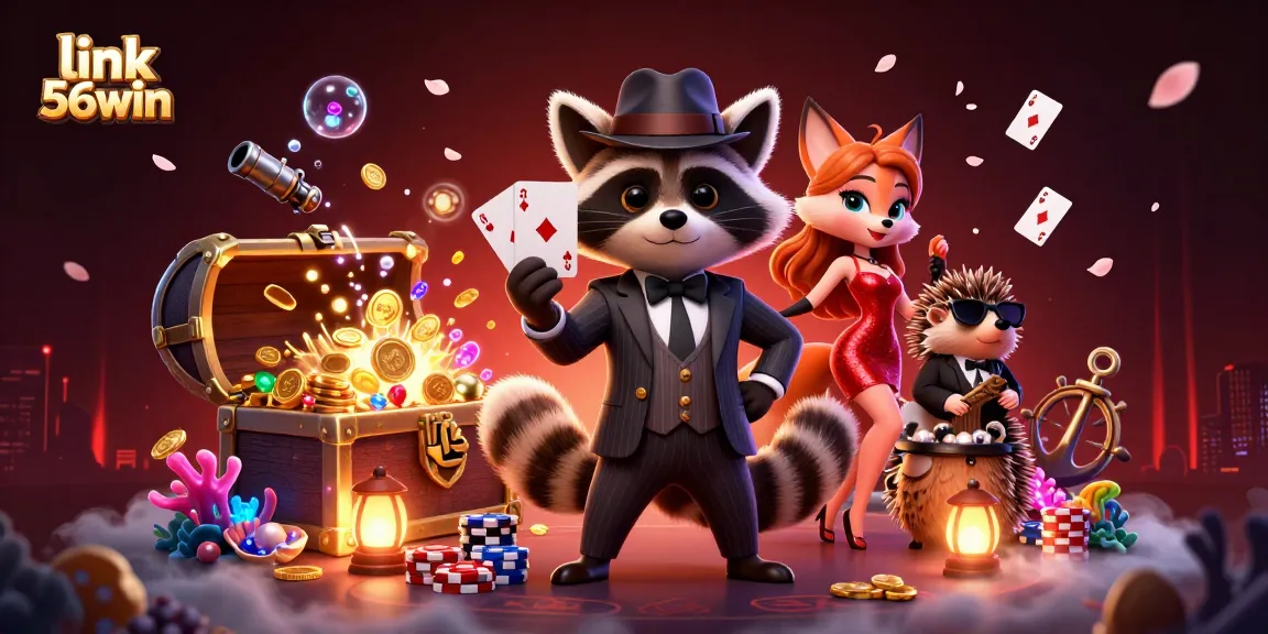 Win big at 56win as the raccoon holds a royal flush in this dynamic casino scene.