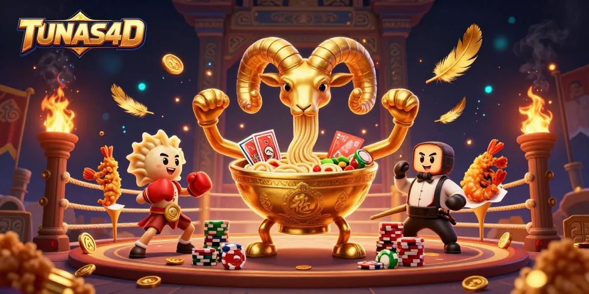 Experience thrilling gameplay with TUNAS4D as a giant ramen bowl deals cards amidst a vibrant casino setting.