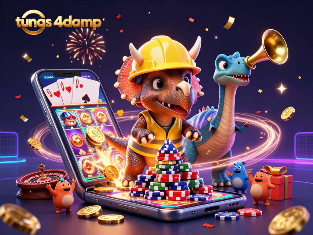 Experience the excitement of tunas4damp with a lively 3D scene showcasing animated casino elements.