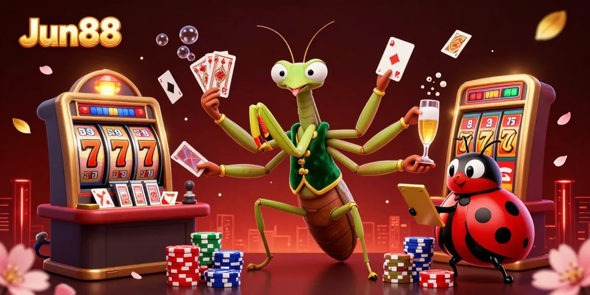 Experience Jun88 with an exciting scene of a praying mantis dealing cards in a vibrant casino atmosphere.